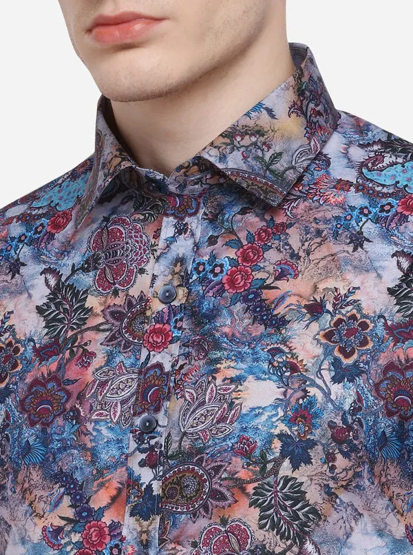 Ash Blue Printed Slim Fit Party Wear Shirt | Wyre