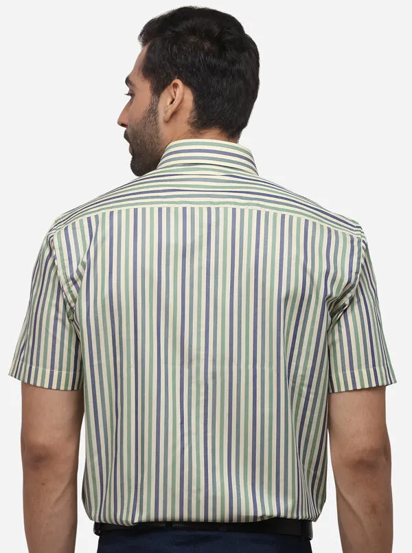 Beige & Green Striped Regular Fit Formal Shirt | JadeBlue