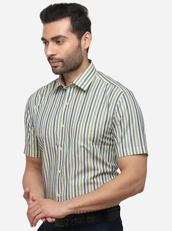 Beige & Green Striped Regular Fit Formal Shirt | JadeBlue