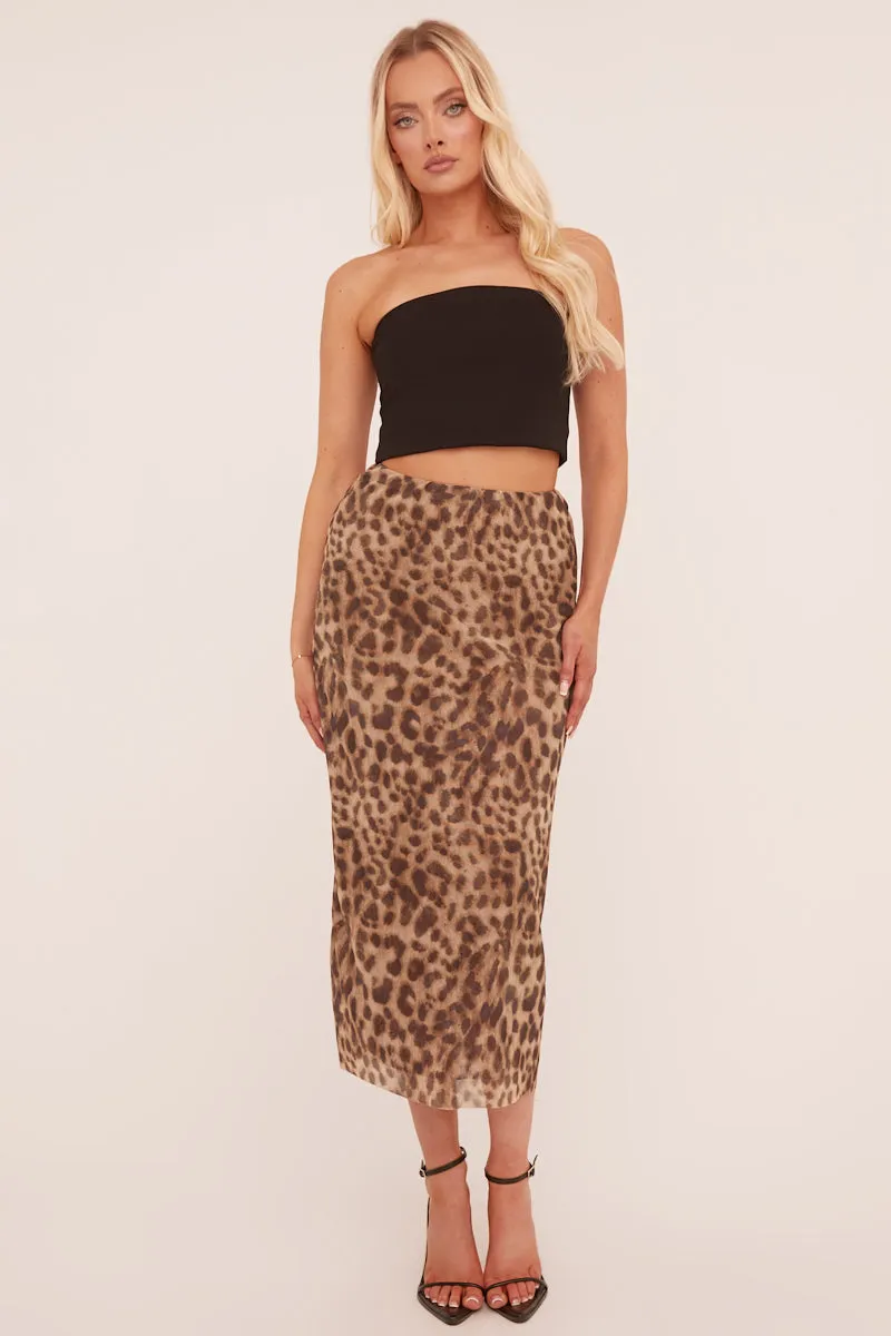 Beige Leopard Print Midi Skirt - Avina