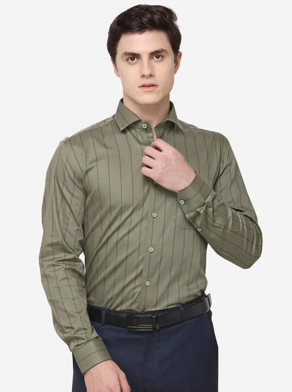 Blue & Olive Striped Regular Fit Formal Shirt | JadeBlue