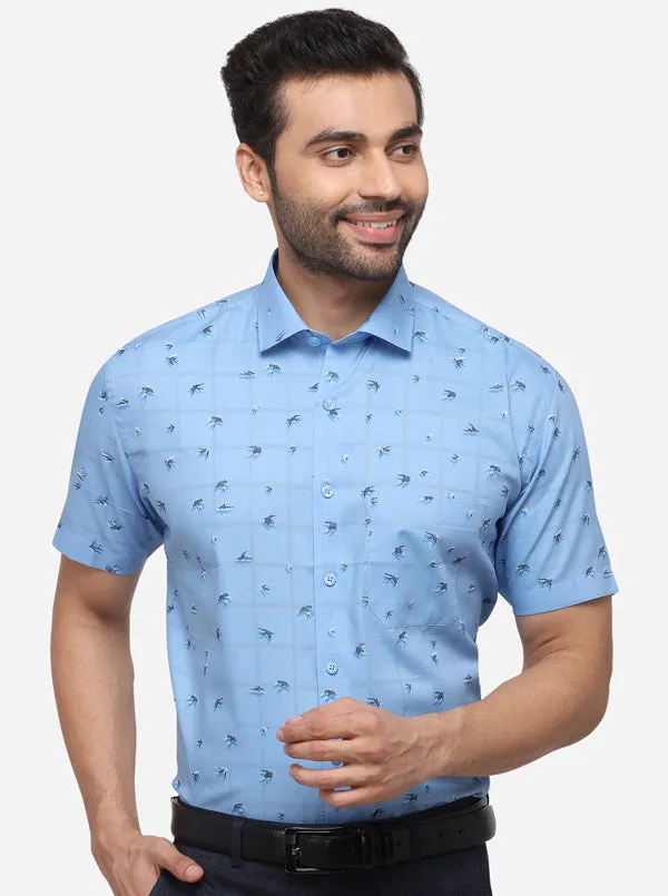 Blue Printed Regular Fit Formal Shirt | JadeBlue