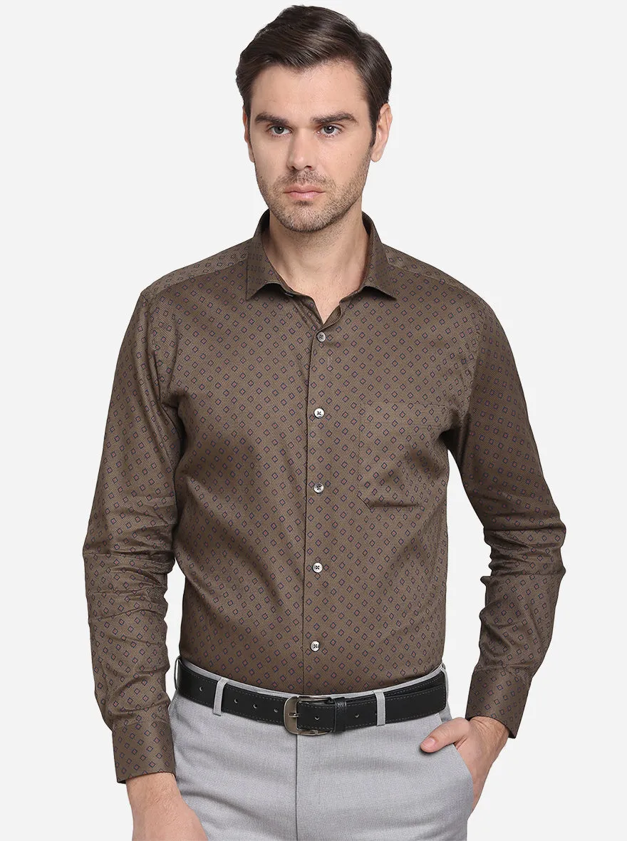 Brown Printed Slim Fit Formal Shirt  | Metal