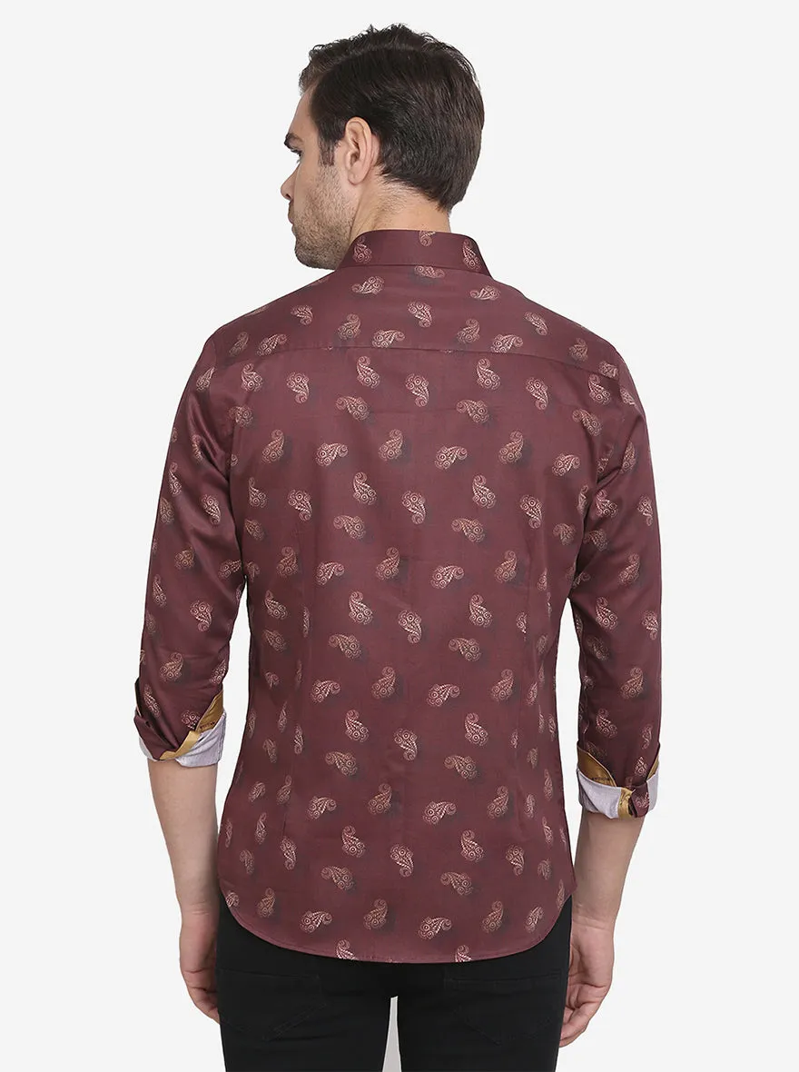 Brown Printed Slim Fit Party Wear Shirt  | Wyre