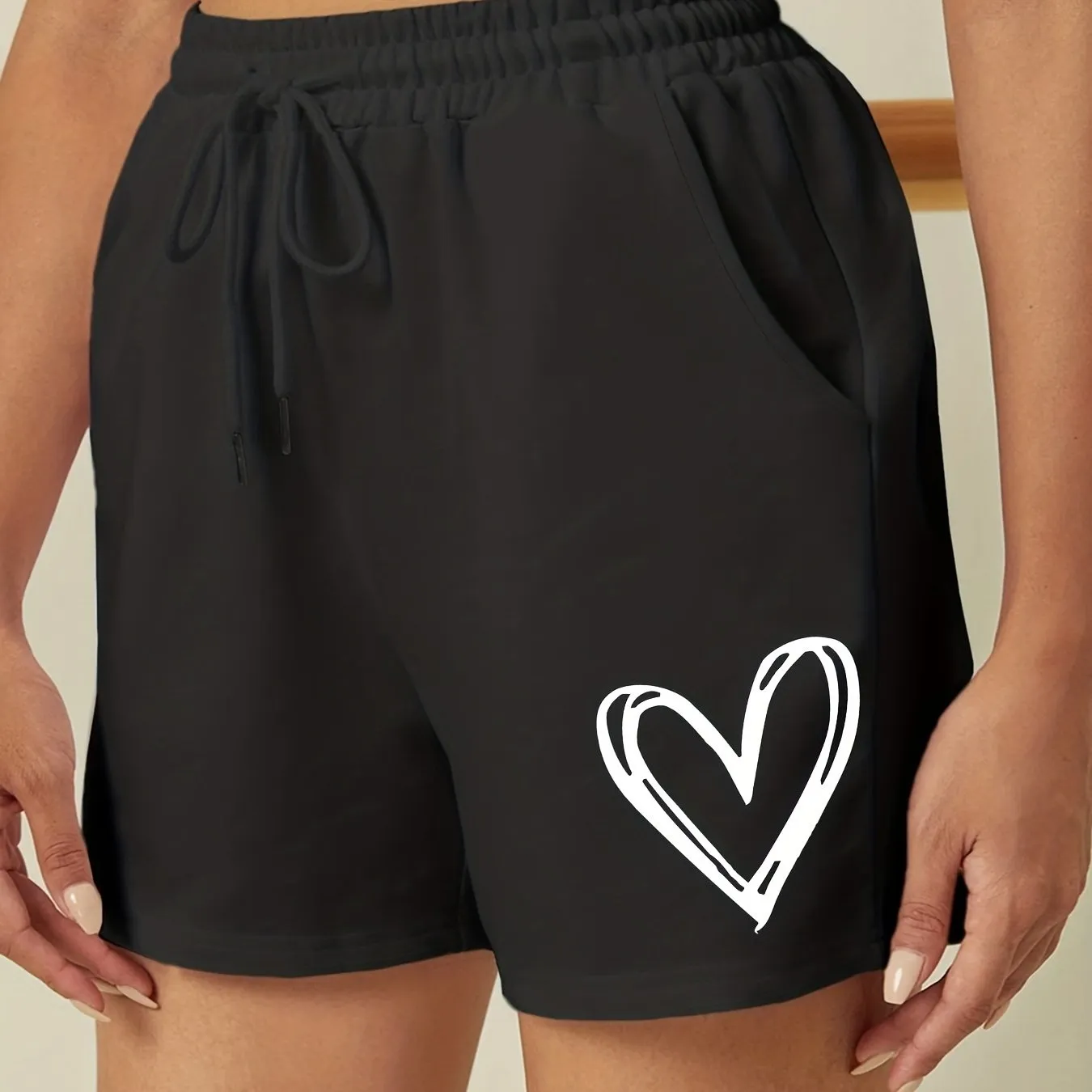 Chic Heart Print Drawstring Shorts for Womens Sports Casual Wear