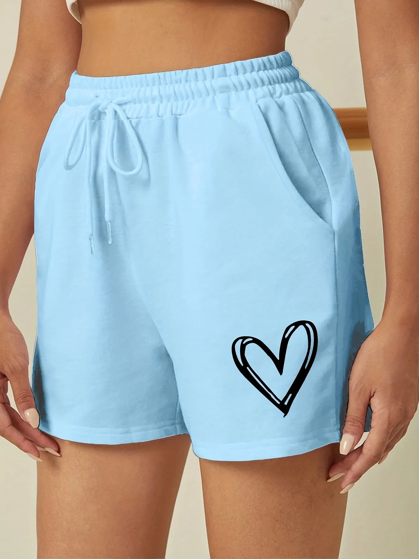 Chic Heart Print Drawstring Shorts for Womens Sports Casual Wear