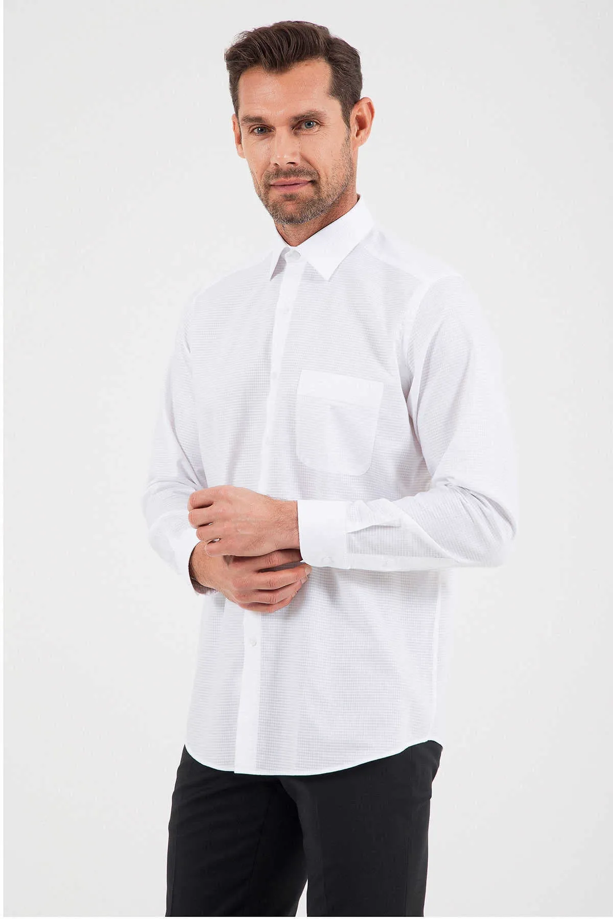 Classic Fit Pin Check Cotton White Dress Shirt