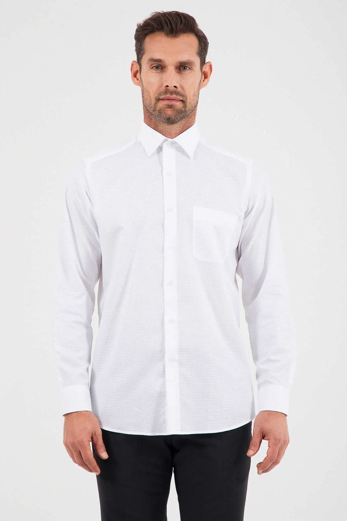 Classic Fit Pin Check Cotton White Dress Shirt