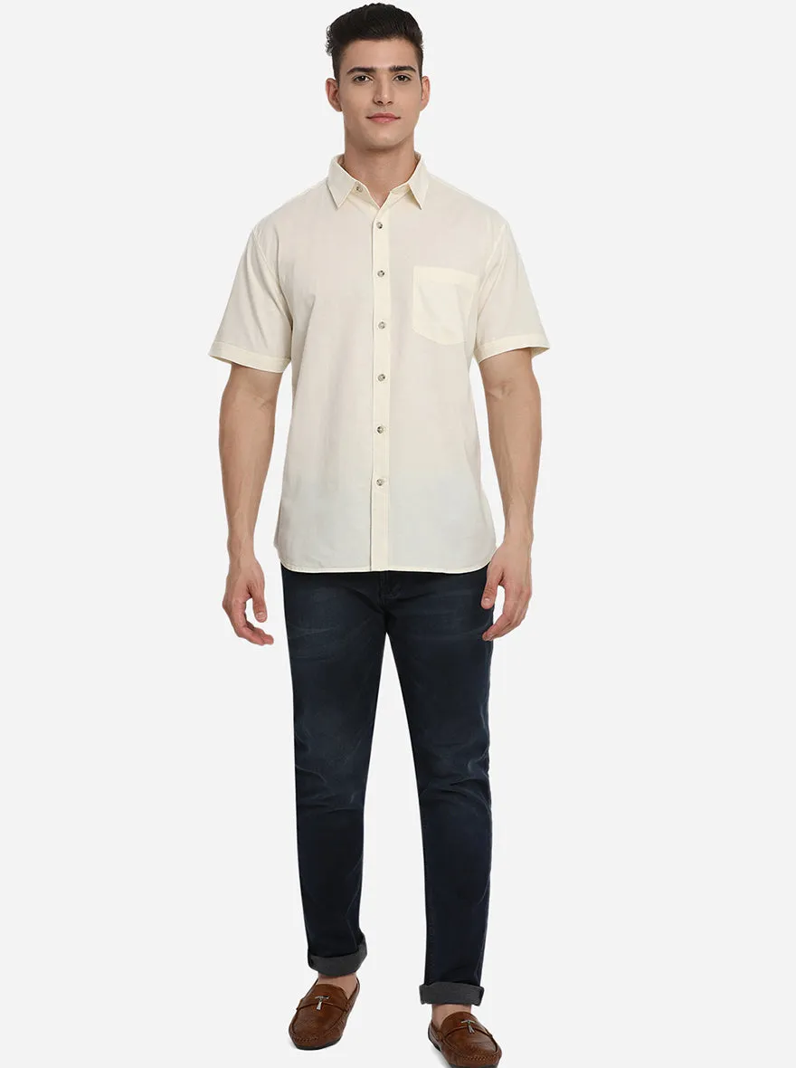 Cloud Cream Solid Slim Fit Semi Casual Shirt | Greenfibre