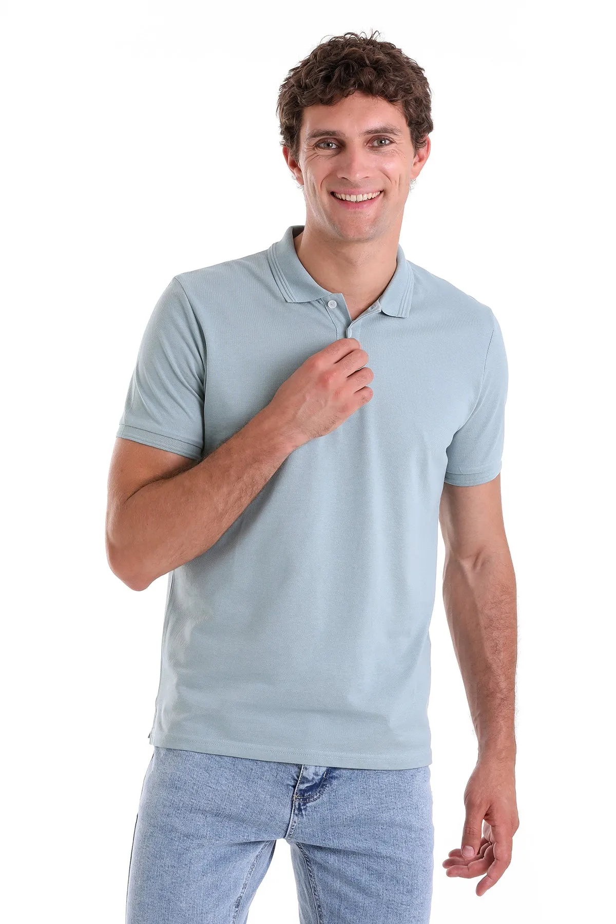 Comfort Fit Basic Plain 100% Cotton Blue Polo T-Shirt