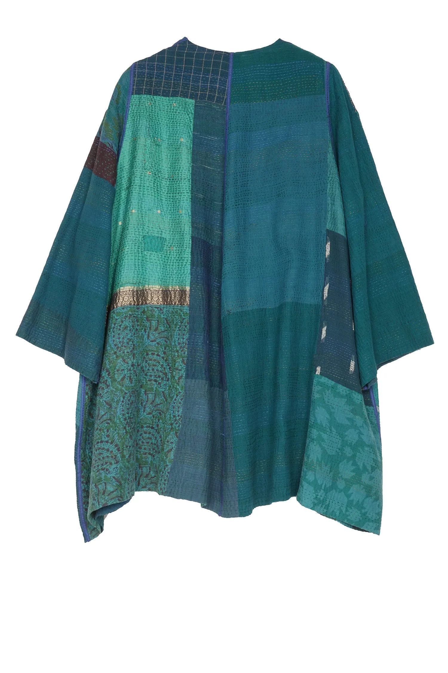 COTTON SILK SW PATCH KANTHA BELL SHAPE LONG JKT - ws2051-tel -