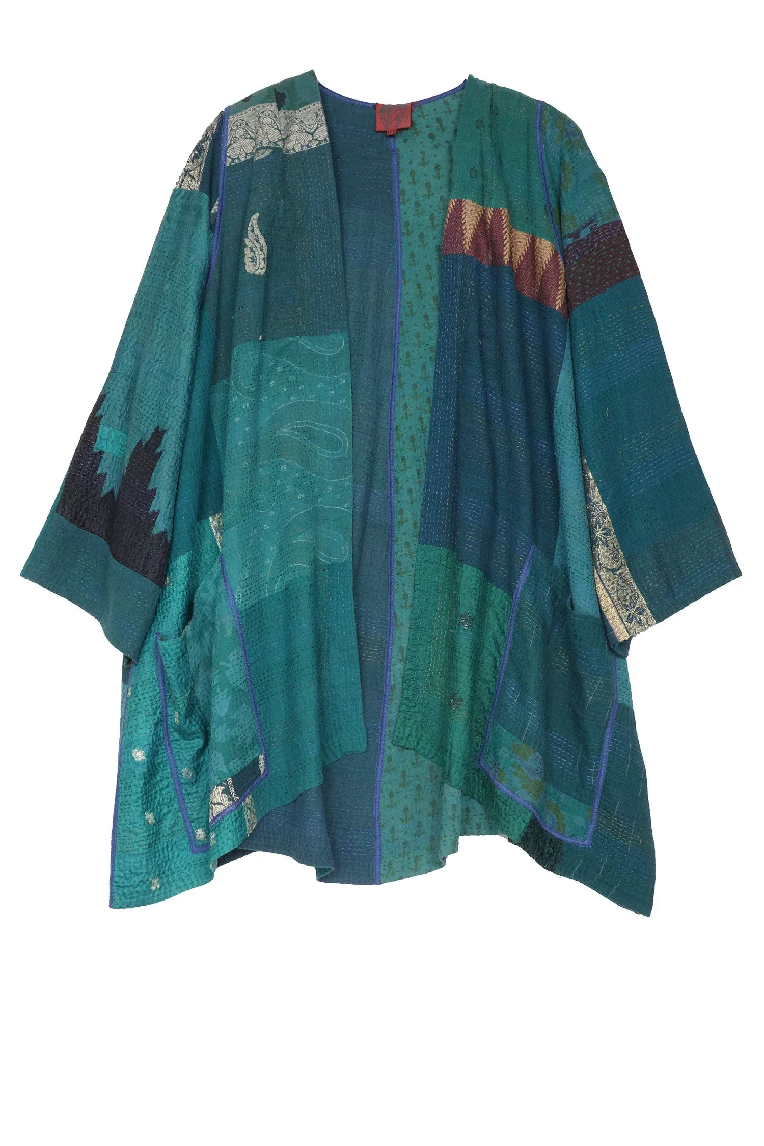 COTTON SILK SW PATCH KANTHA BELL SHAPE LONG JKT - ws2051-tel -