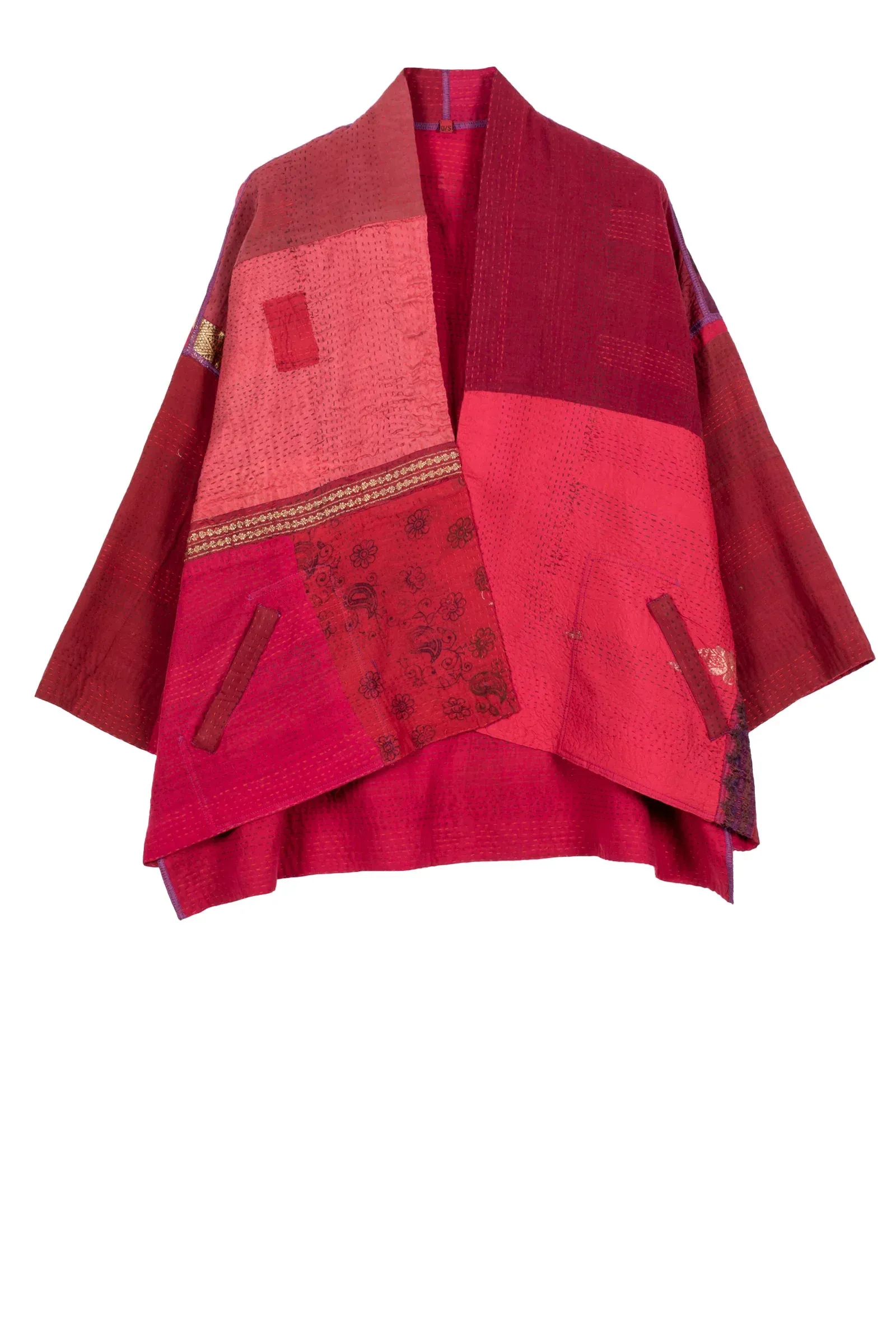 COTTON SILK SW PATCH KANTHA MINI KIMONO JACKET - ws2055-red -