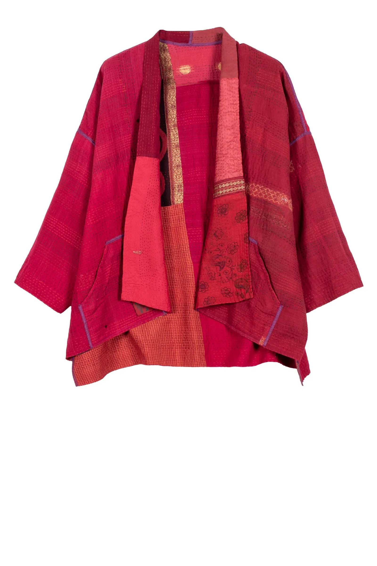 COTTON SILK SW PATCH KANTHA MINI KIMONO JACKET - ws2055-red -