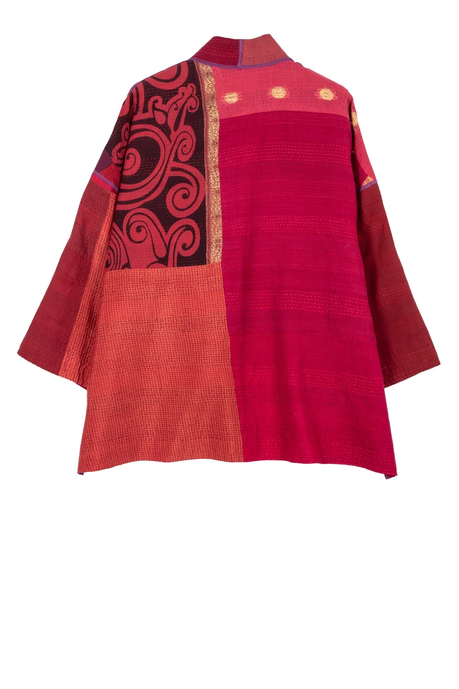 COTTON SILK SW PATCH KANTHA MINI KIMONO JACKET - ws2055-red -