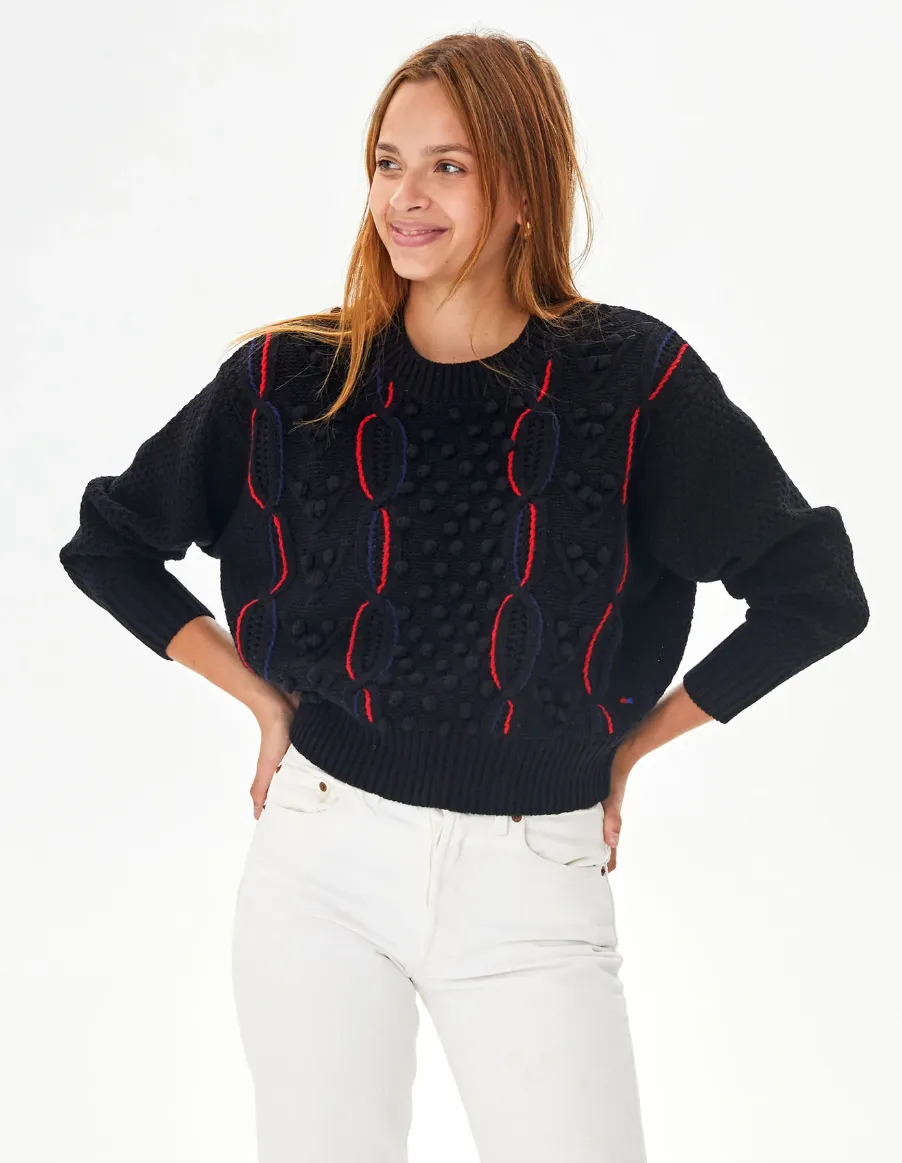 DROP SHOULDER SWEATER IN BLACK COTTON CASHMERE W. NAVY & POPPY CHAINS