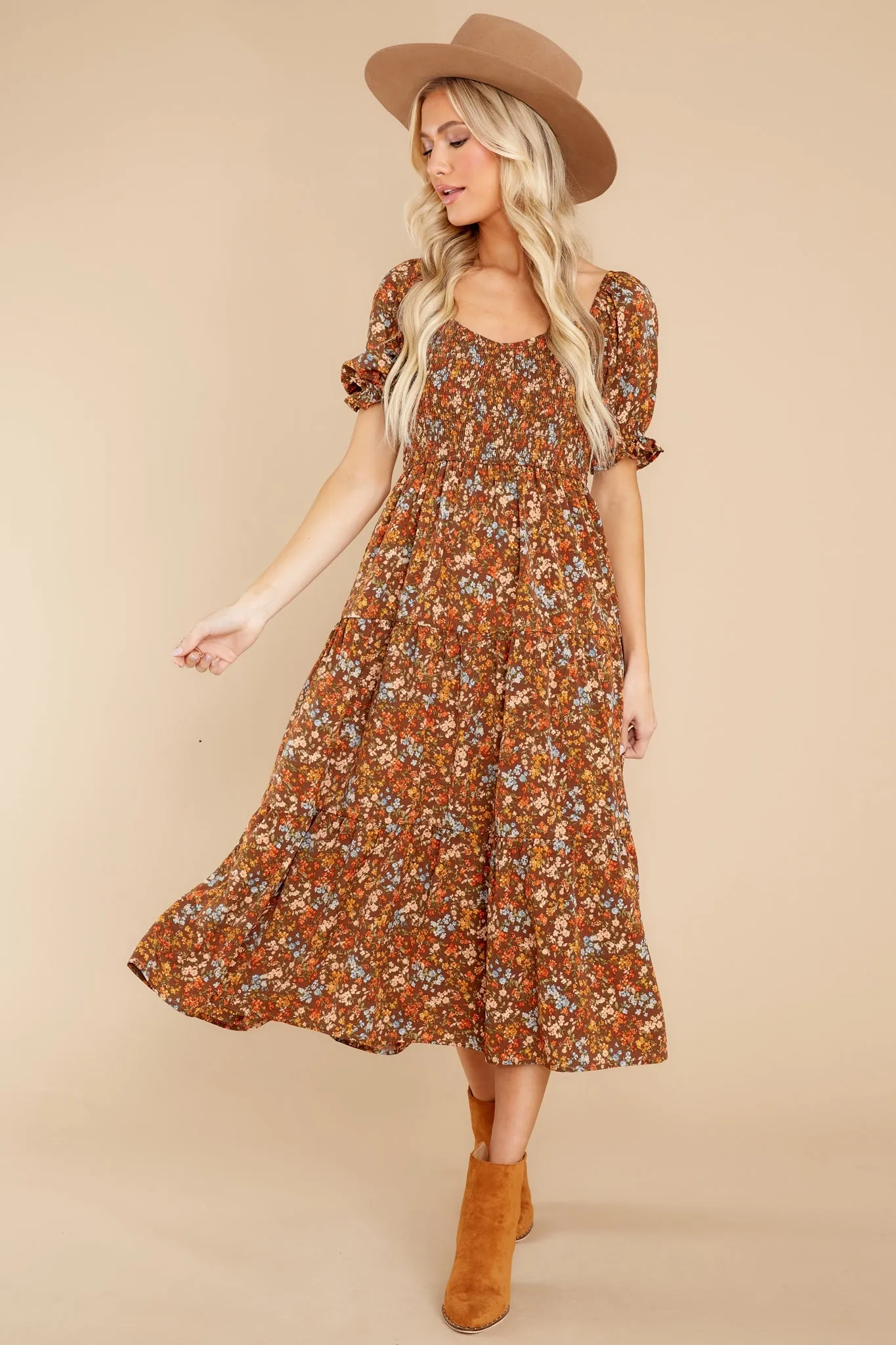 Easy To Love Brown Floral Midi Dress