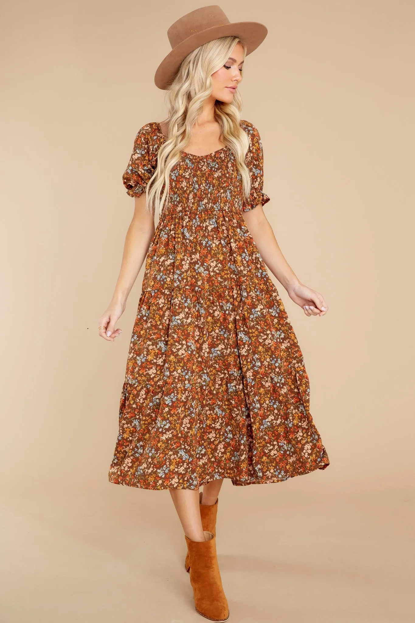 Easy To Love Brown Floral Midi Dress