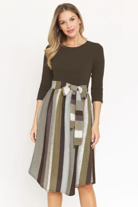 EG fashion Plus Quarter Sleeve Stripe Sash Midi Dress