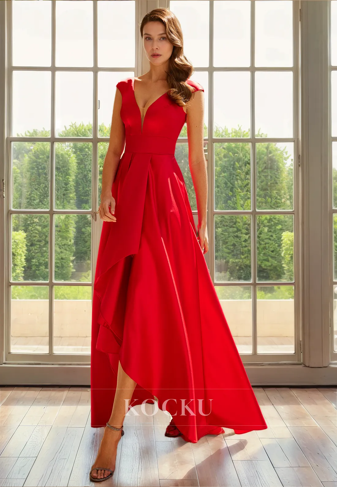 Elegant & Simple Straps V-Neck A-Line High Low Cocktail Mother of the Bride Dress