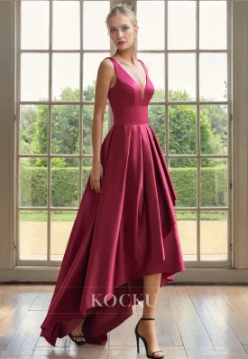 Elegant & Simple Straps V-Neck A-Line High Low Cocktail Mother of the Bride Dress