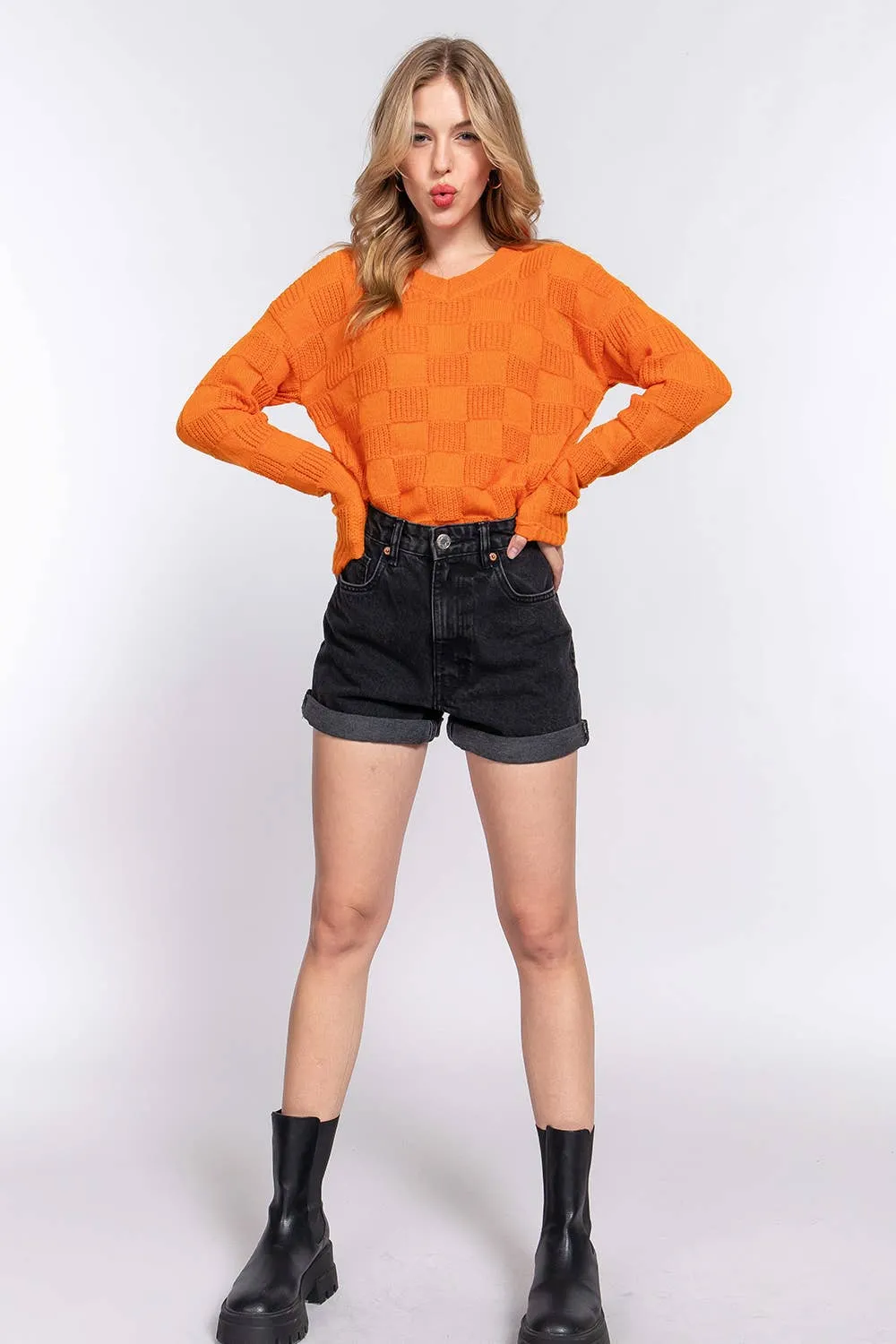 Fitted Long-Sleeve V-Neck Orange Sweater