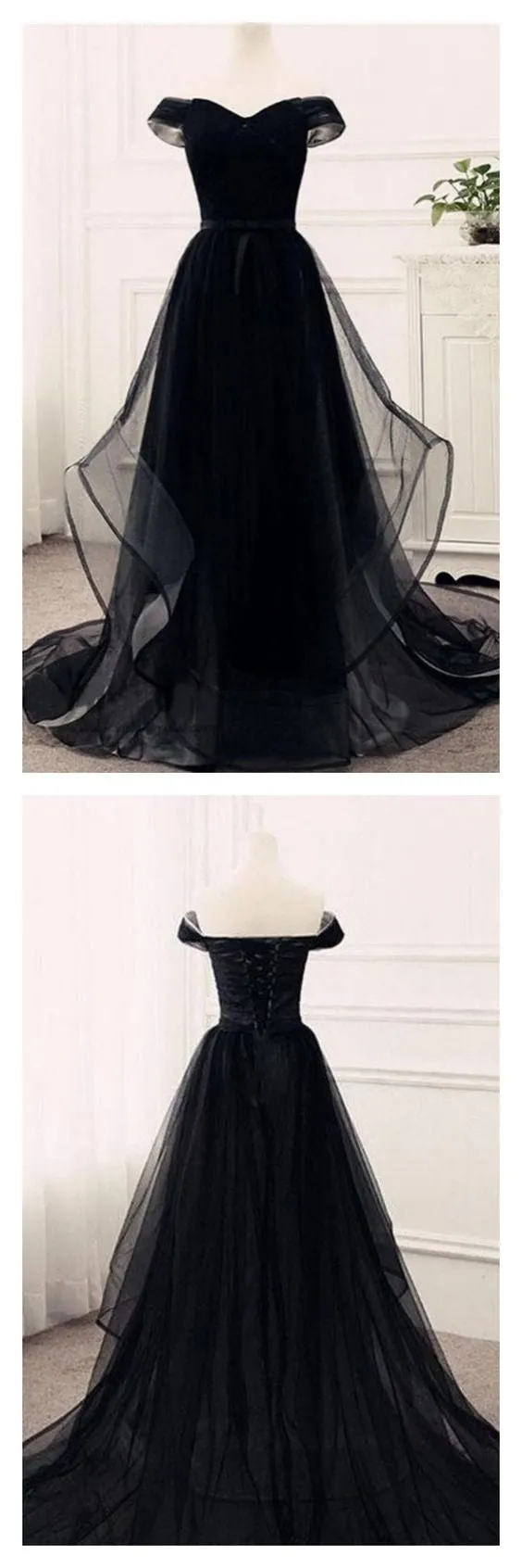 Flowy Tulle Off Shoulders Tulle Black Prom Dress,21121008