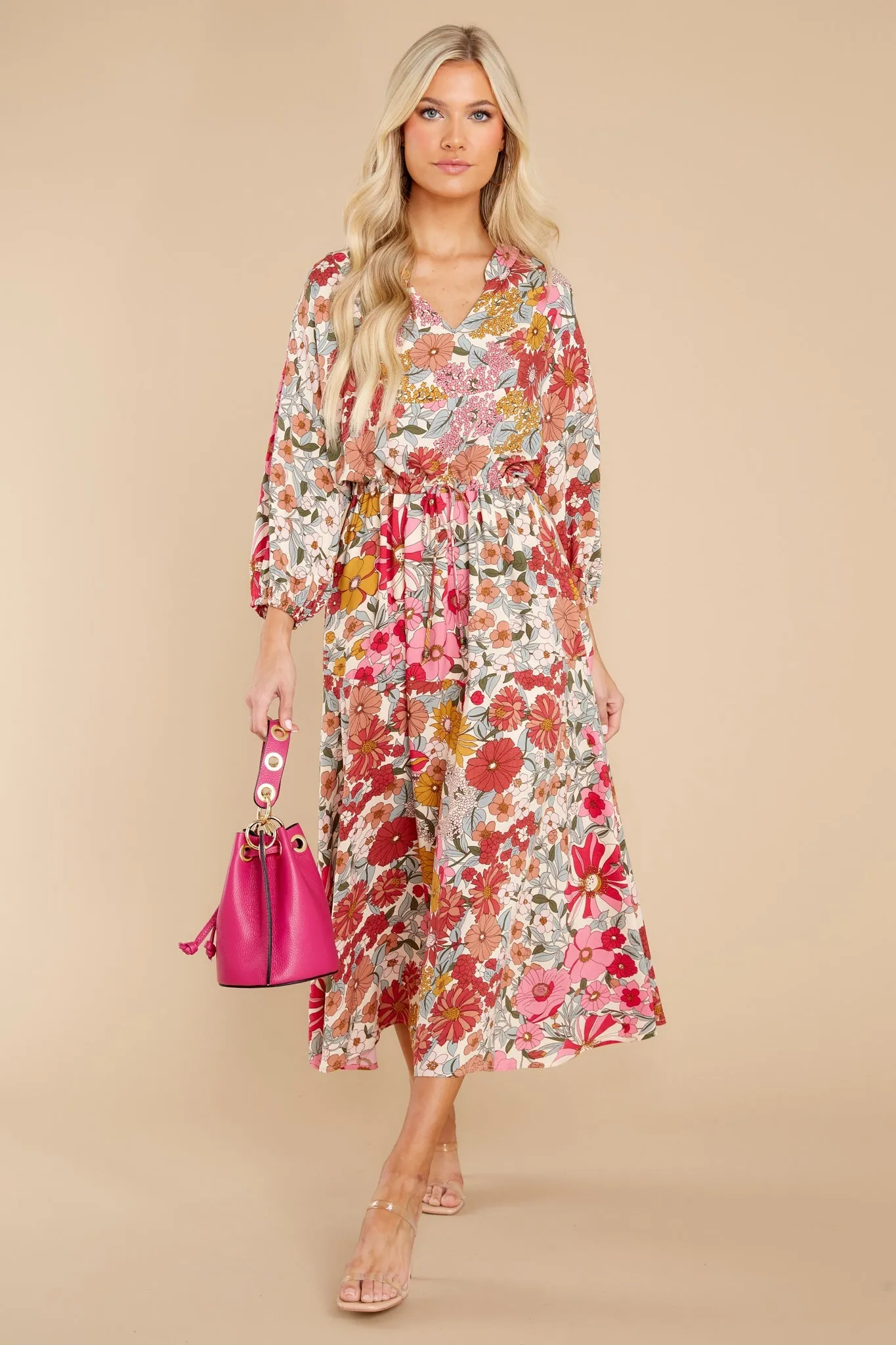 From Gloom To Bloom Pink Multi Floral Print Midi Dress