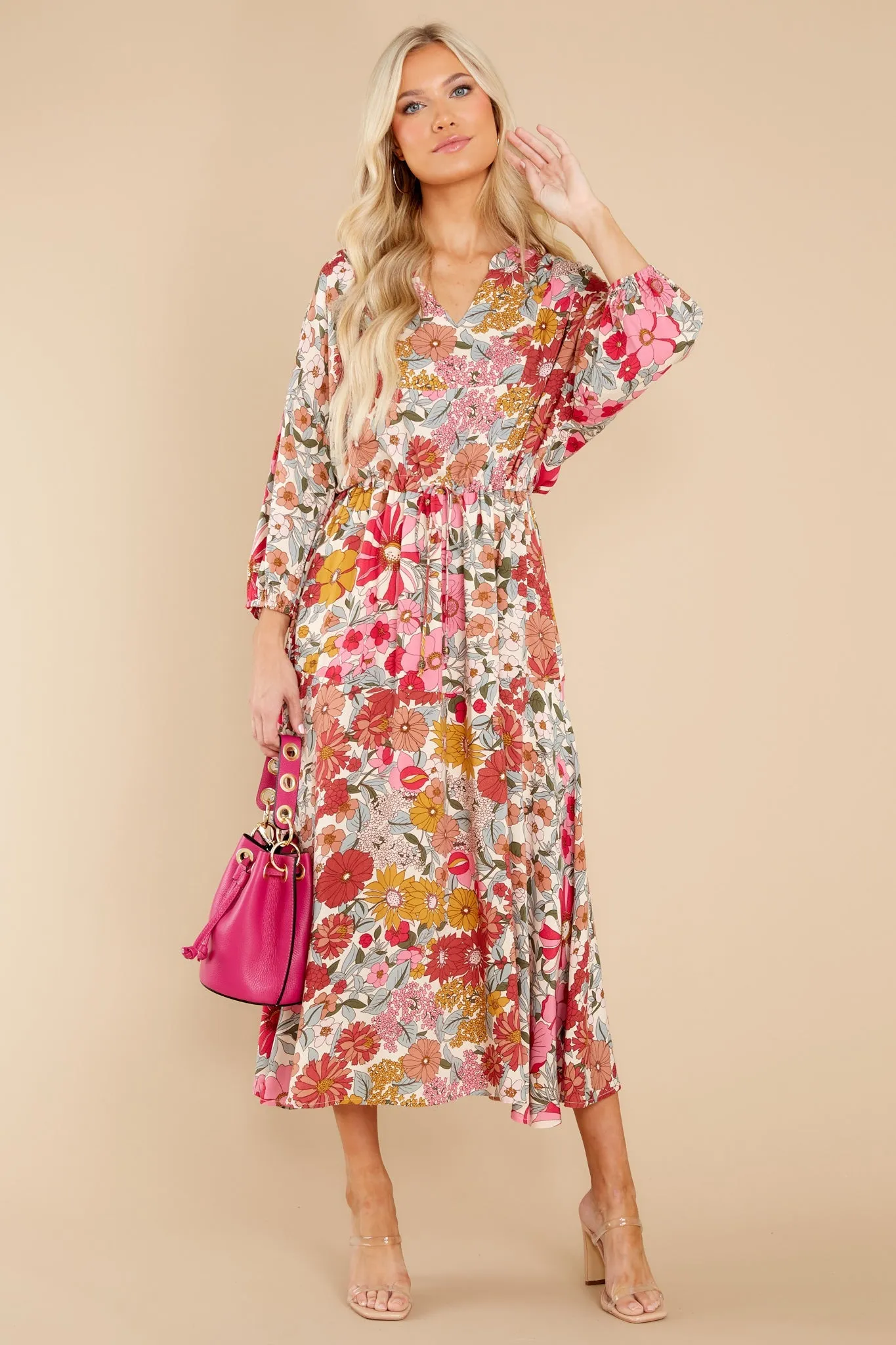 From Gloom To Bloom Pink Multi Floral Print Midi Dress