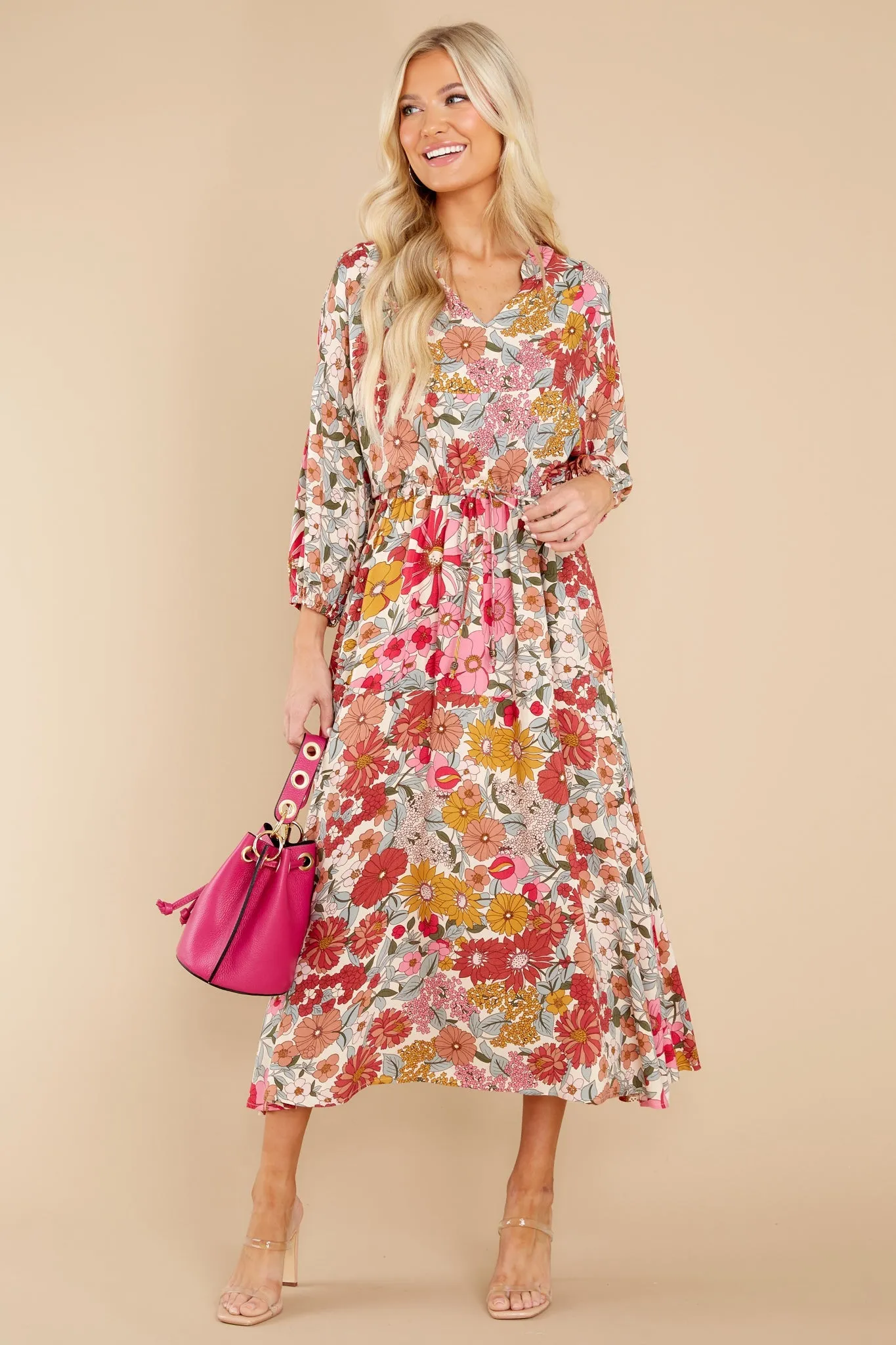 From Gloom To Bloom Pink Multi Floral Print Midi Dress