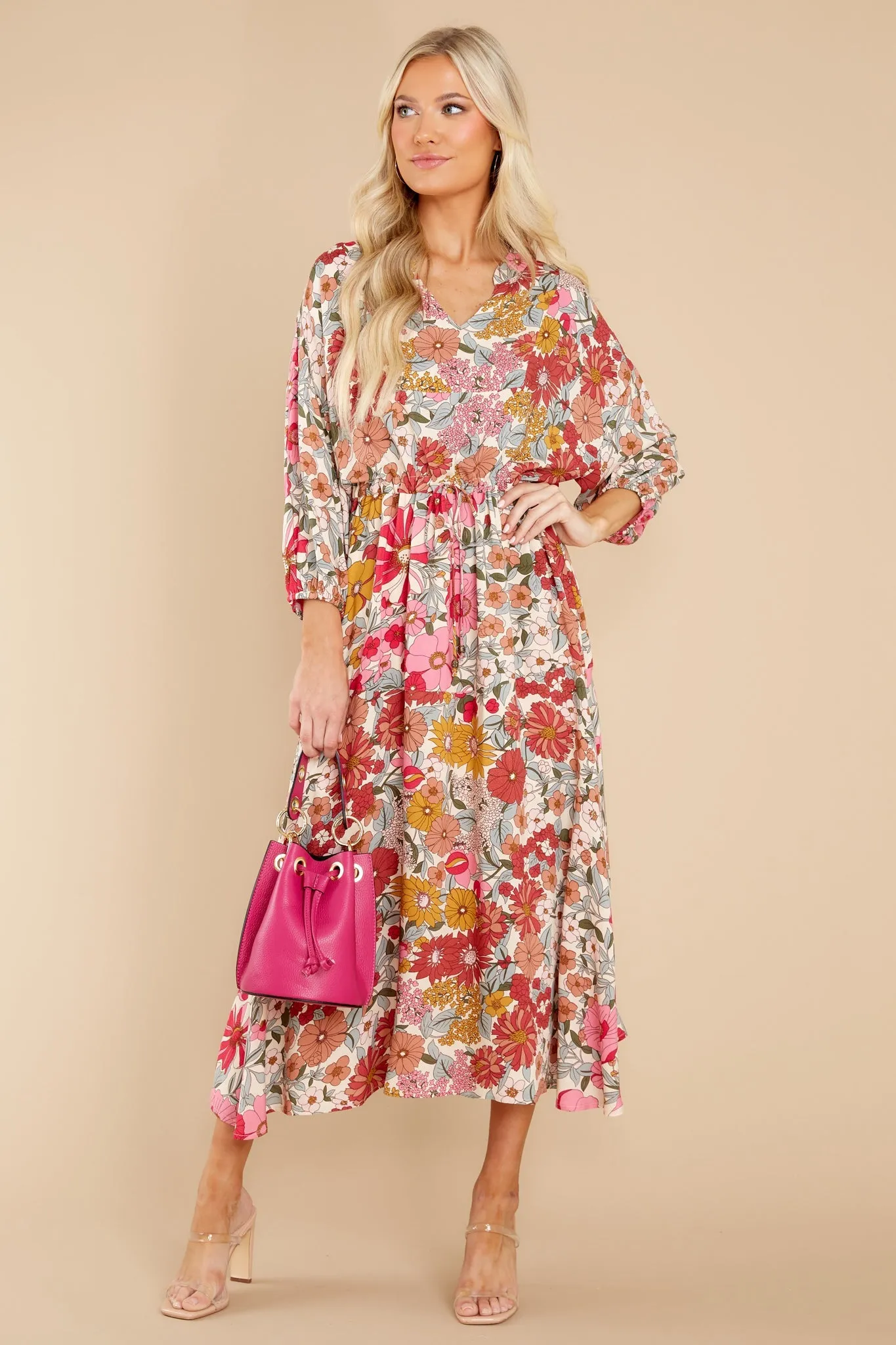 From Gloom To Bloom Pink Multi Floral Print Midi Dress