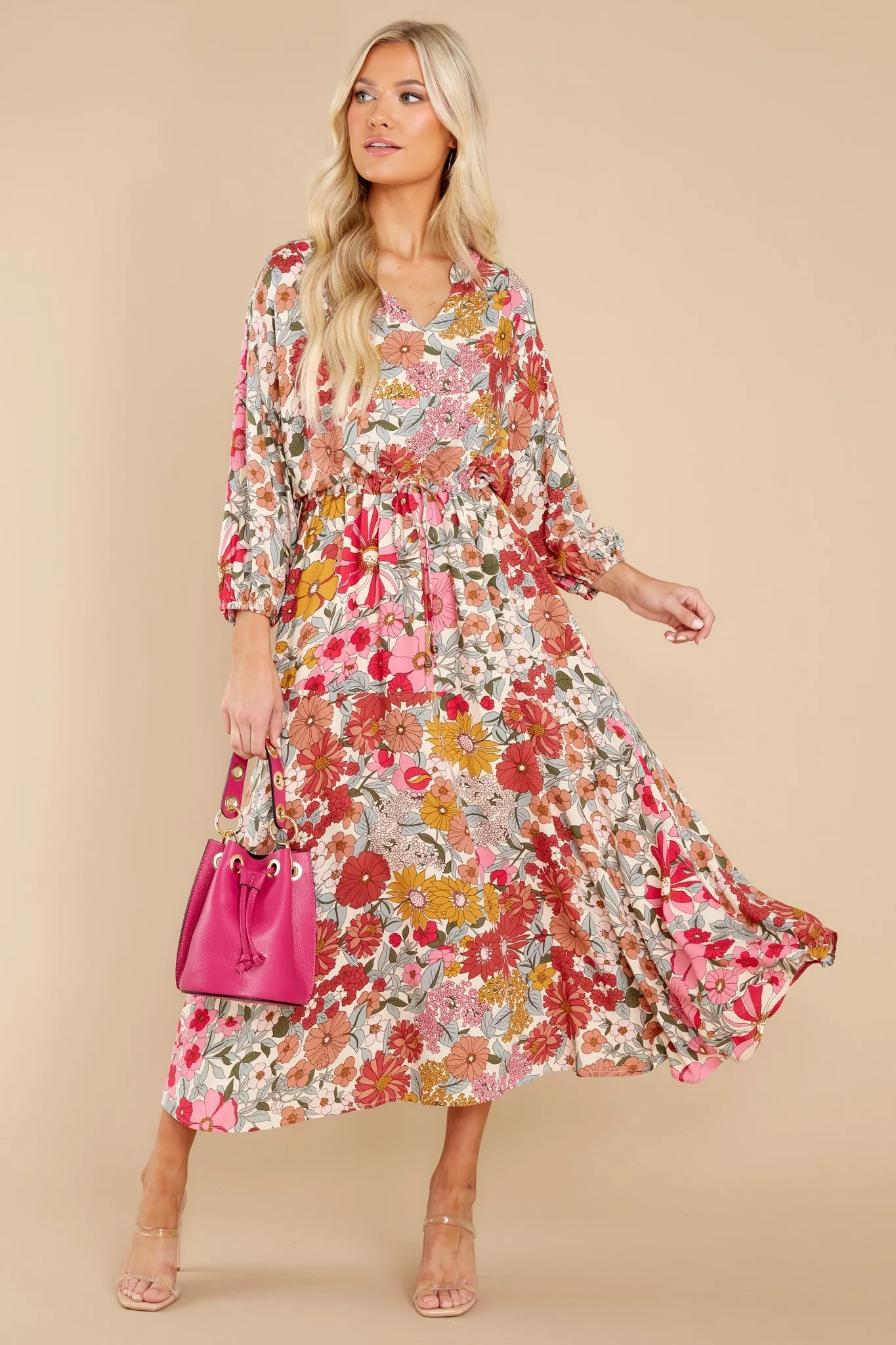 From Gloom To Bloom Pink Multi Floral Print Midi Dress