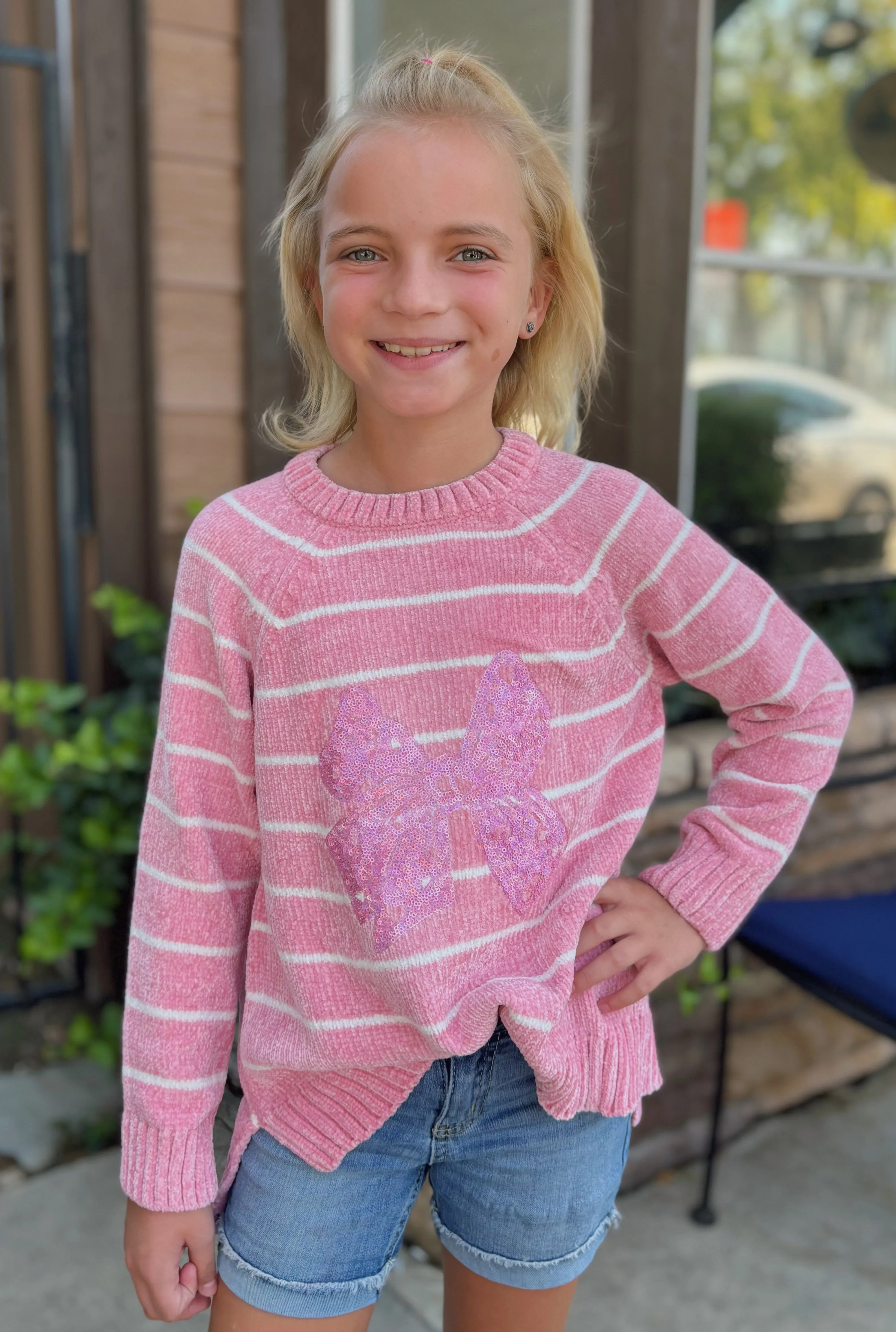 KID'S PINK SEQUIN BOW SWEATER