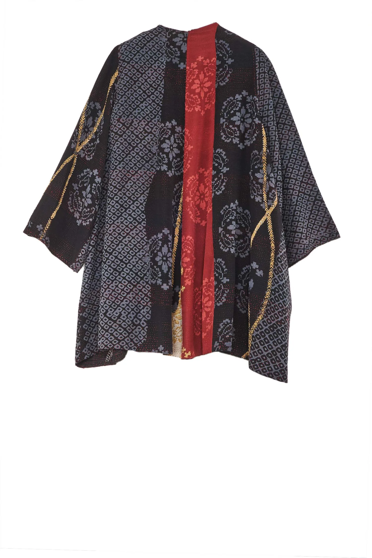 KIMONO PRINT KANTHA BELL SHAPE LONG JKT - kp2051-blk -