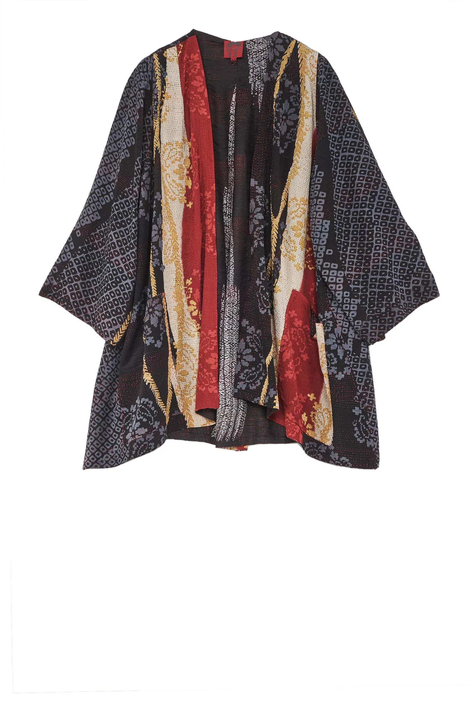 KIMONO PRINT KANTHA BELL SHAPE LONG JKT - kp2051-blk -