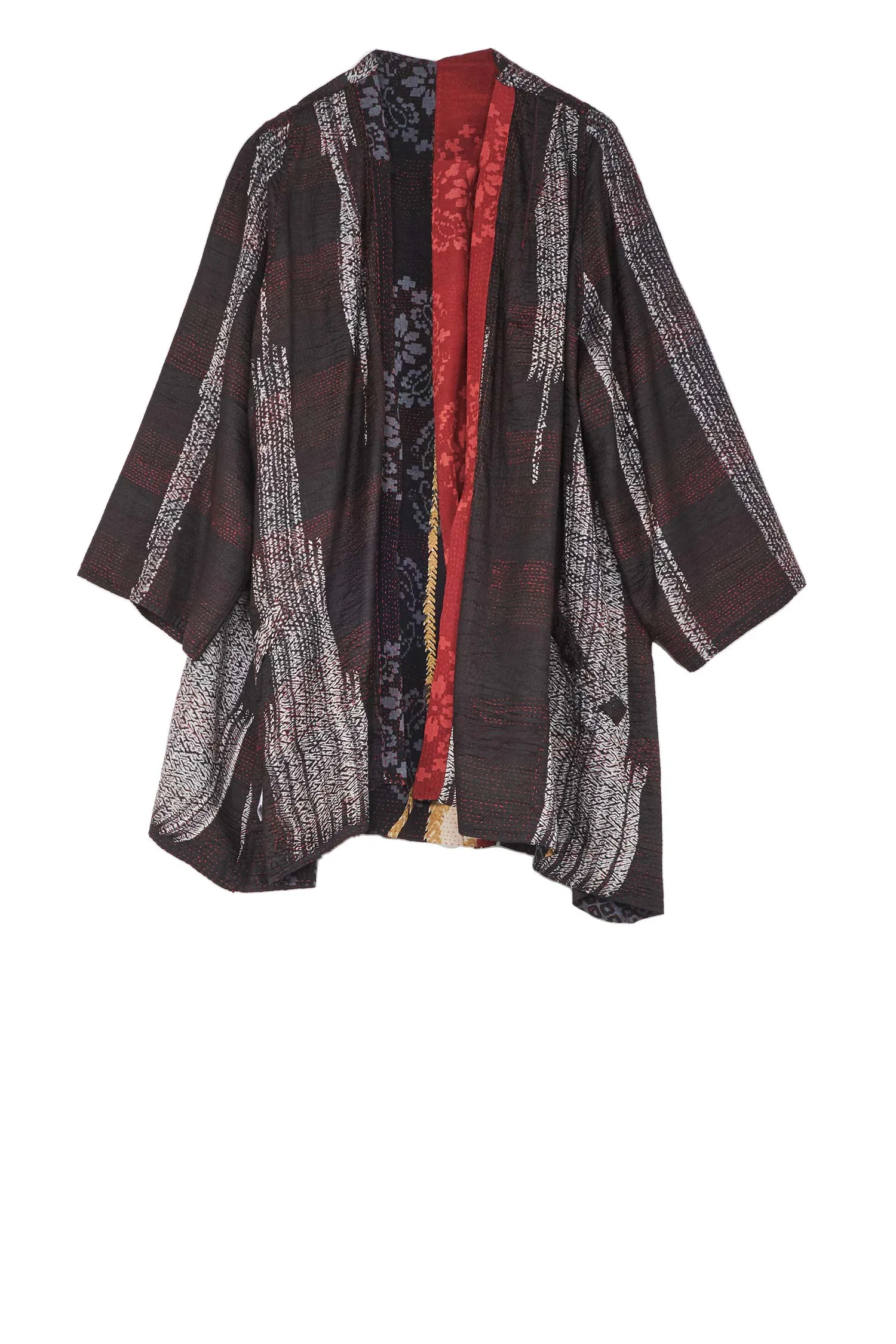 KIMONO PRINT KANTHA BELL SHAPE LONG JKT - kp2051-blk -