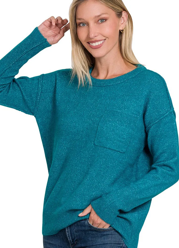 Melange Hi Low Hem Sweater in Ocean Teal by Zenana