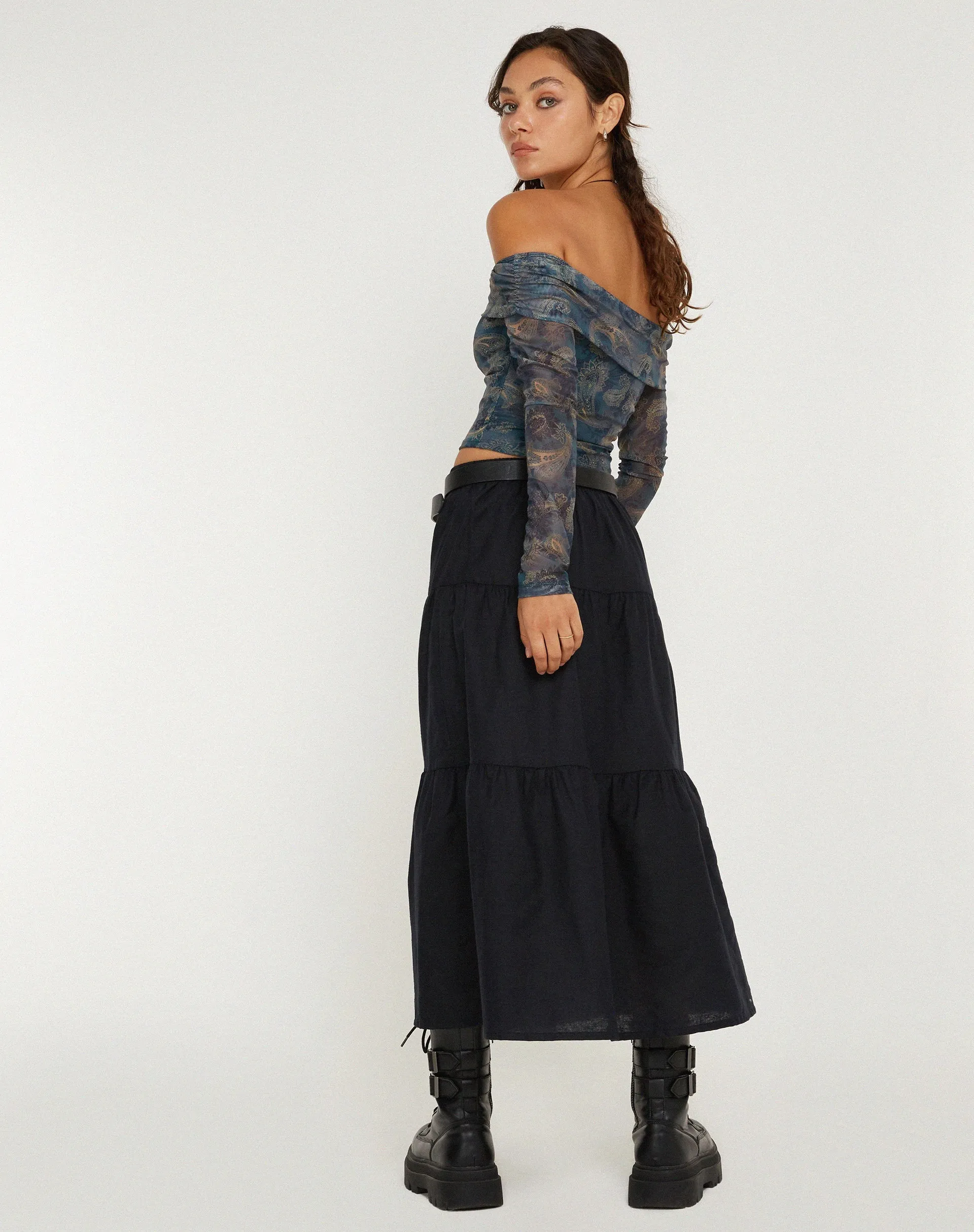 Nagini Long Sleeve Bardot Top in Tonal Blue Paisley