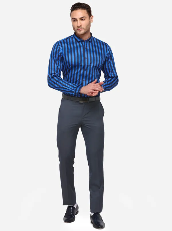 Navy Blue & Black Striped Slim Fit Formal Shirt | Greenfibre