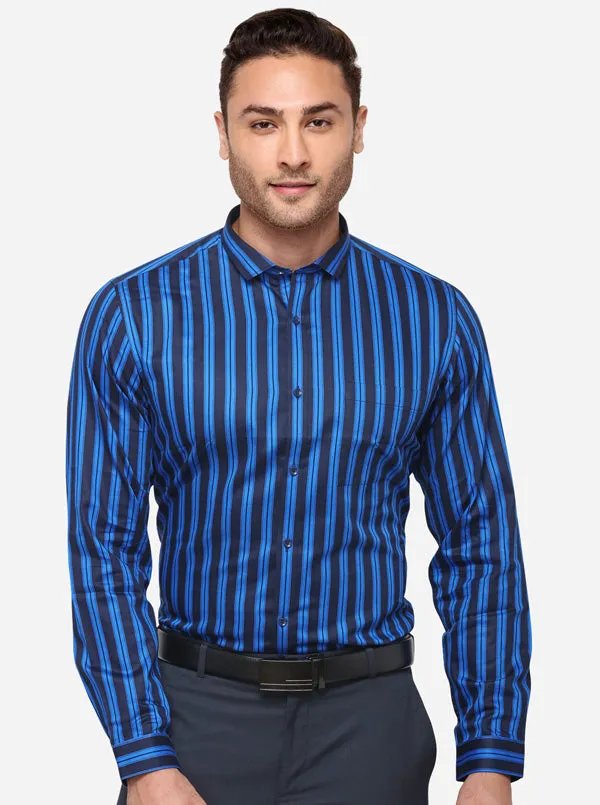 Navy Blue & Black Striped Slim Fit Formal Shirt | Greenfibre