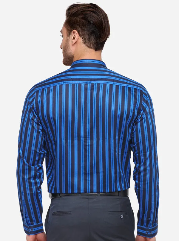 Navy Blue & Black Striped Slim Fit Formal Shirt | Greenfibre