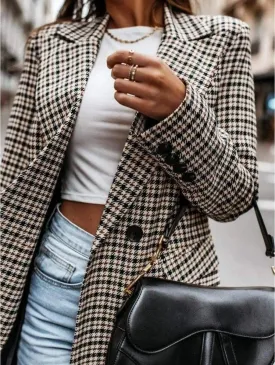 Office Ladies Lapel Vintage Plaid Women Blazer Double