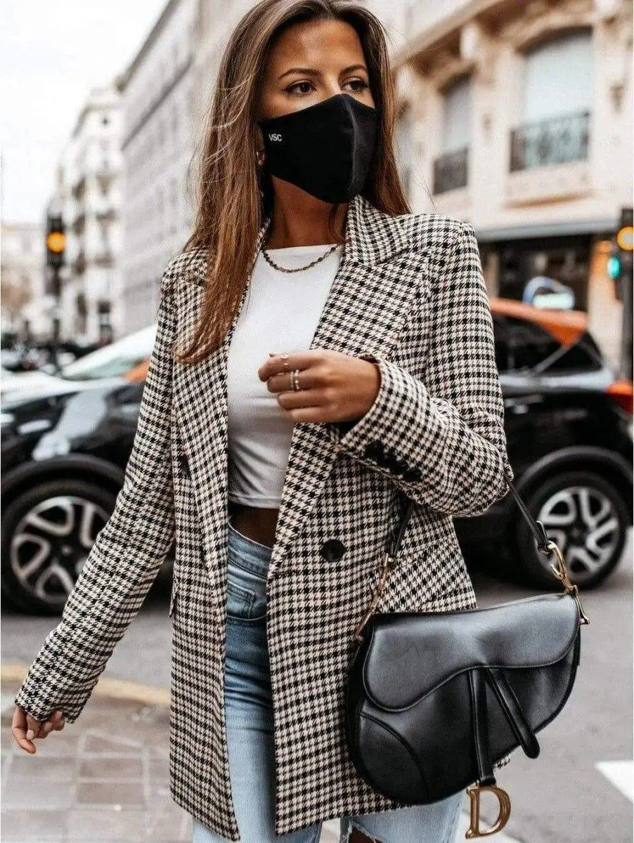 Office Ladies Lapel Vintage Plaid Women Blazer Double