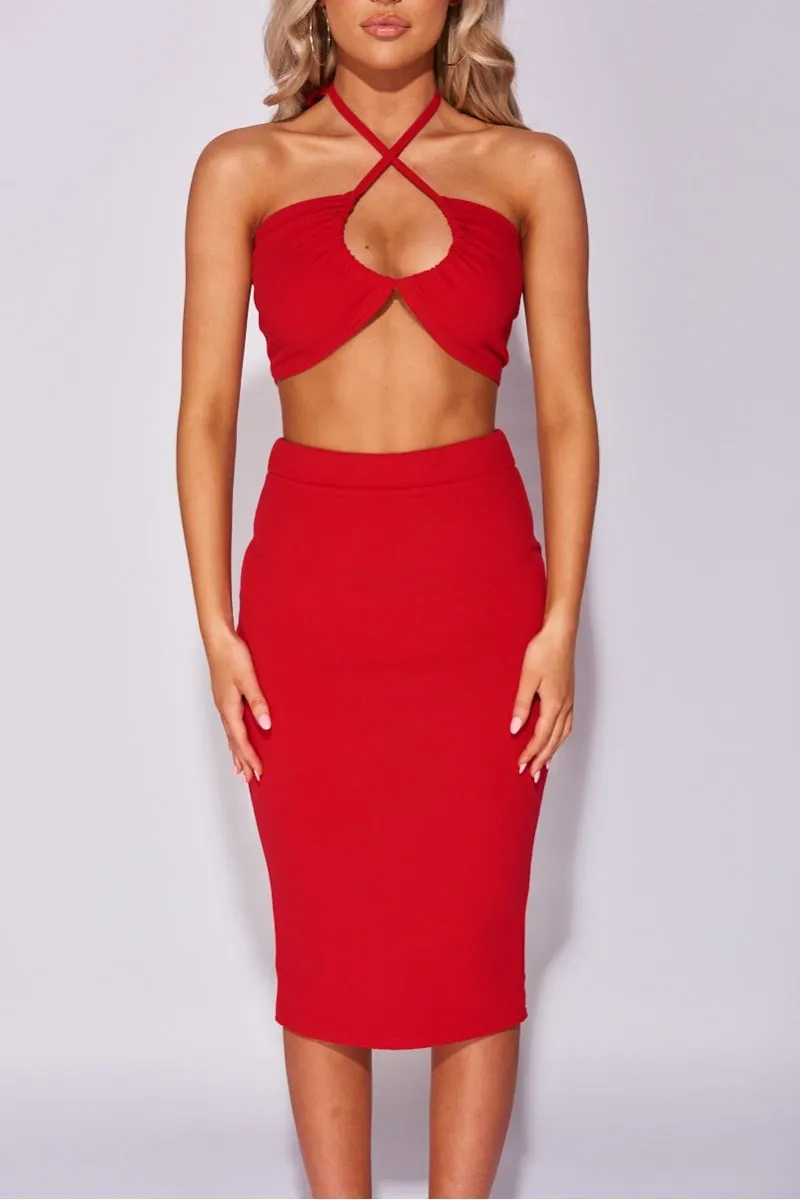 Red Keyhole Halterneck Crop Top & Midi Skirt