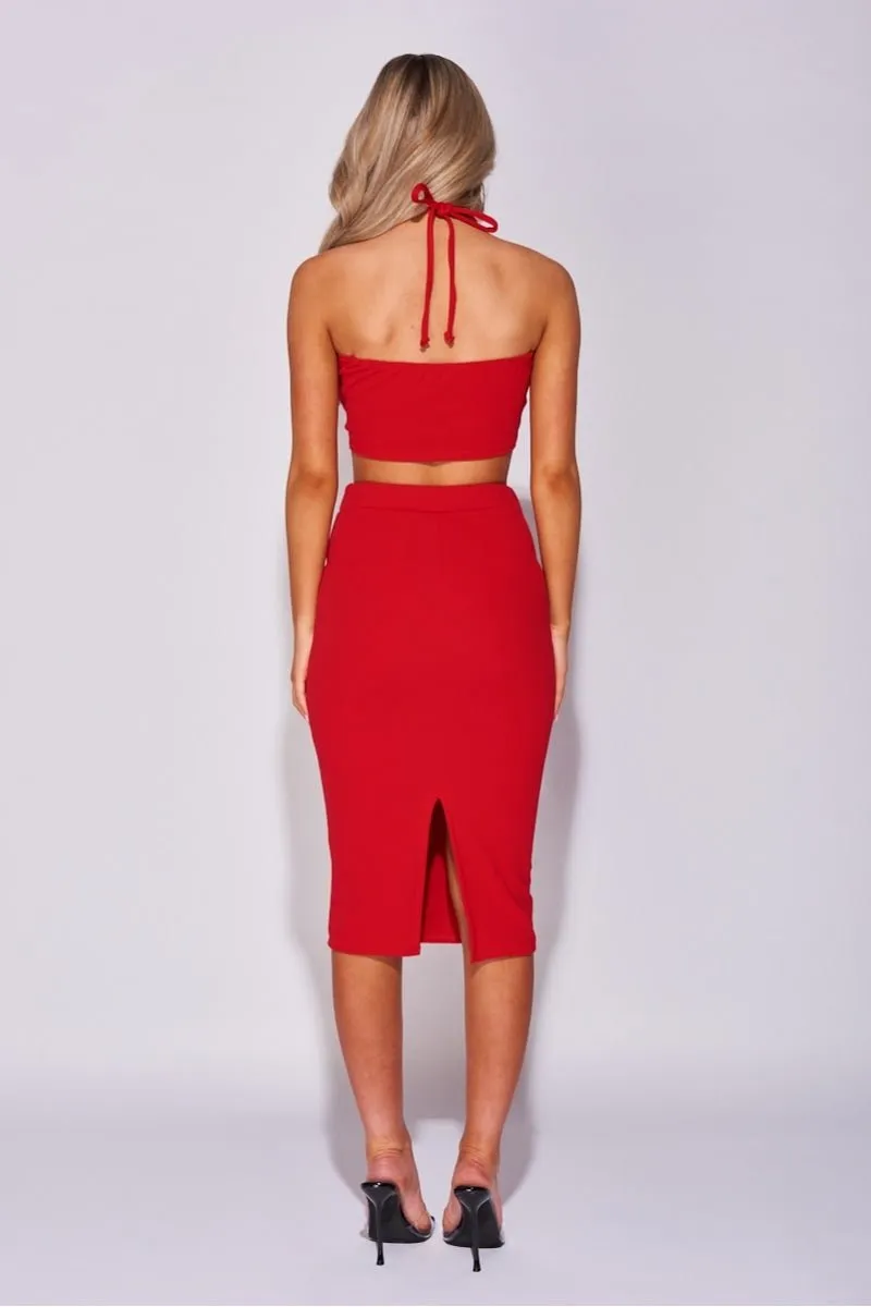 Red Keyhole Halterneck Crop Top & Midi Skirt