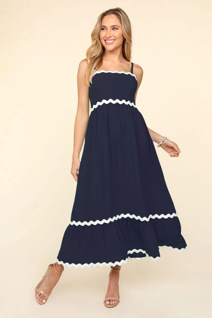 Ric Rac Square Neck Fit & Flare Maxi Dress - Navy