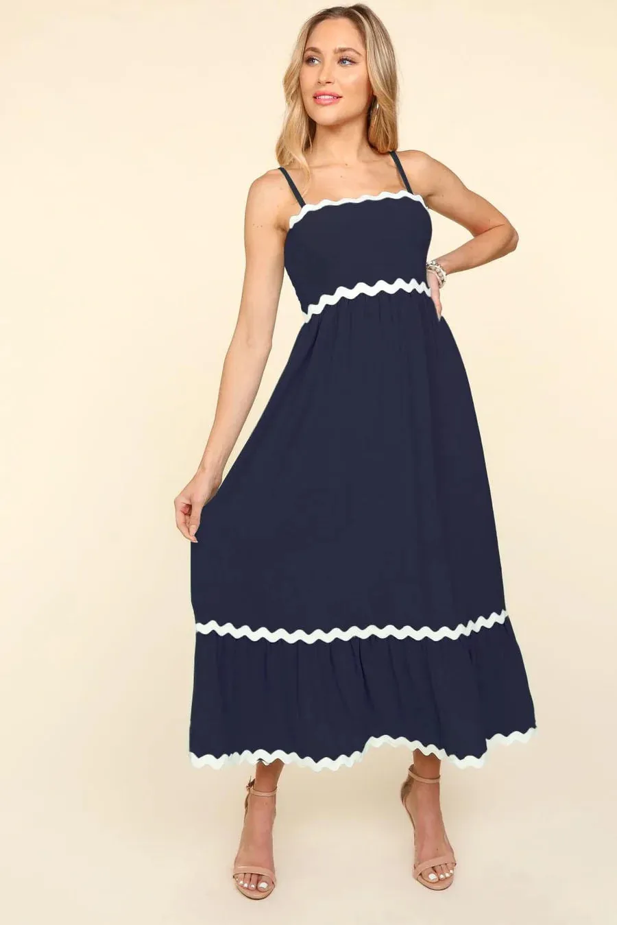 Ric Rac Square Neck Fit & Flare Maxi Dress - Navy