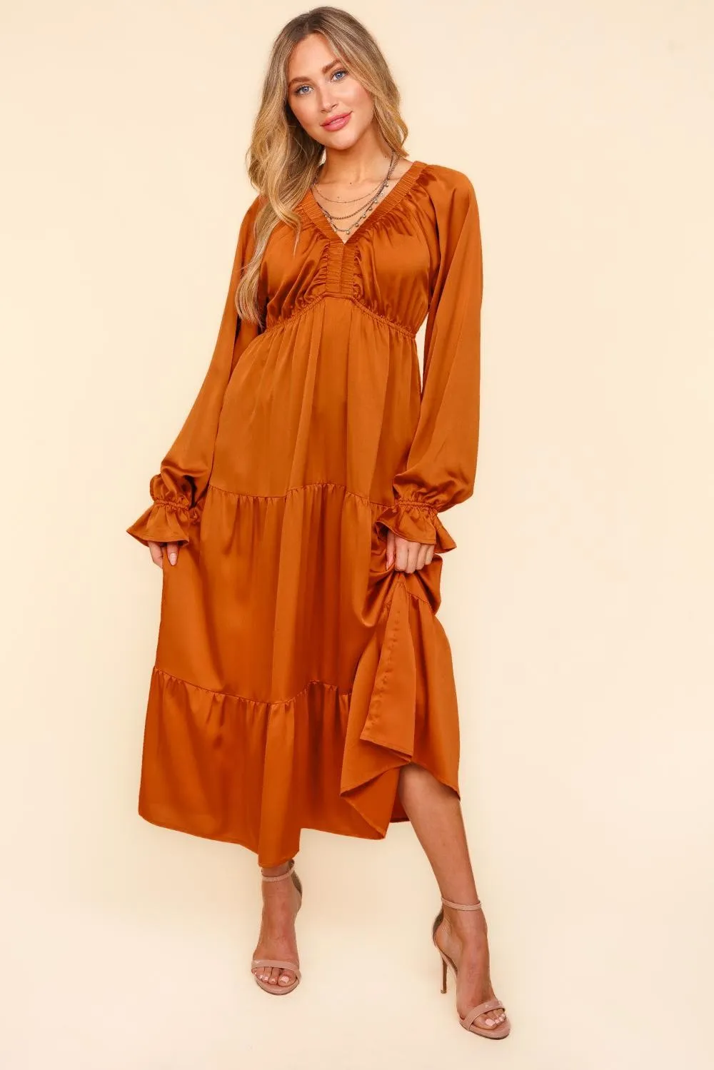 Satin Babydoll Maxi Dress - Rust