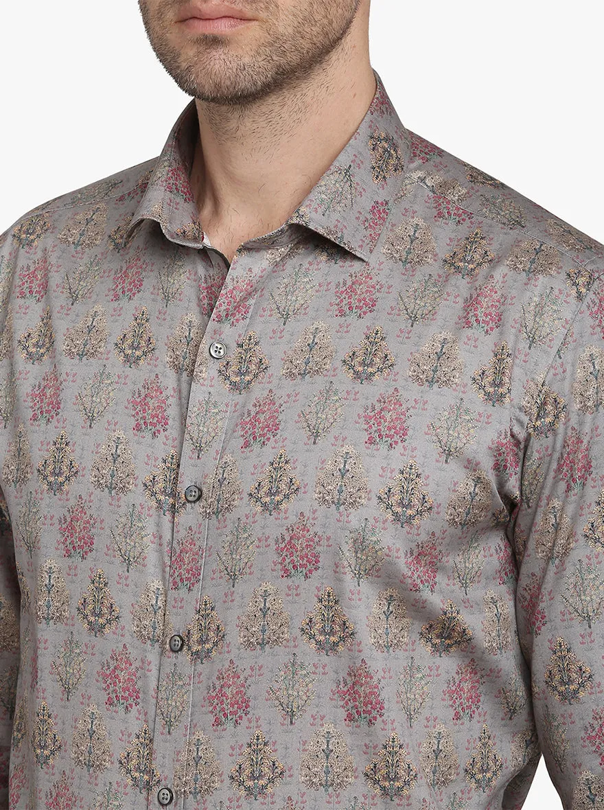 Smoke Grey Printed Slim Fit Party Wear Shirt  | JB Studio