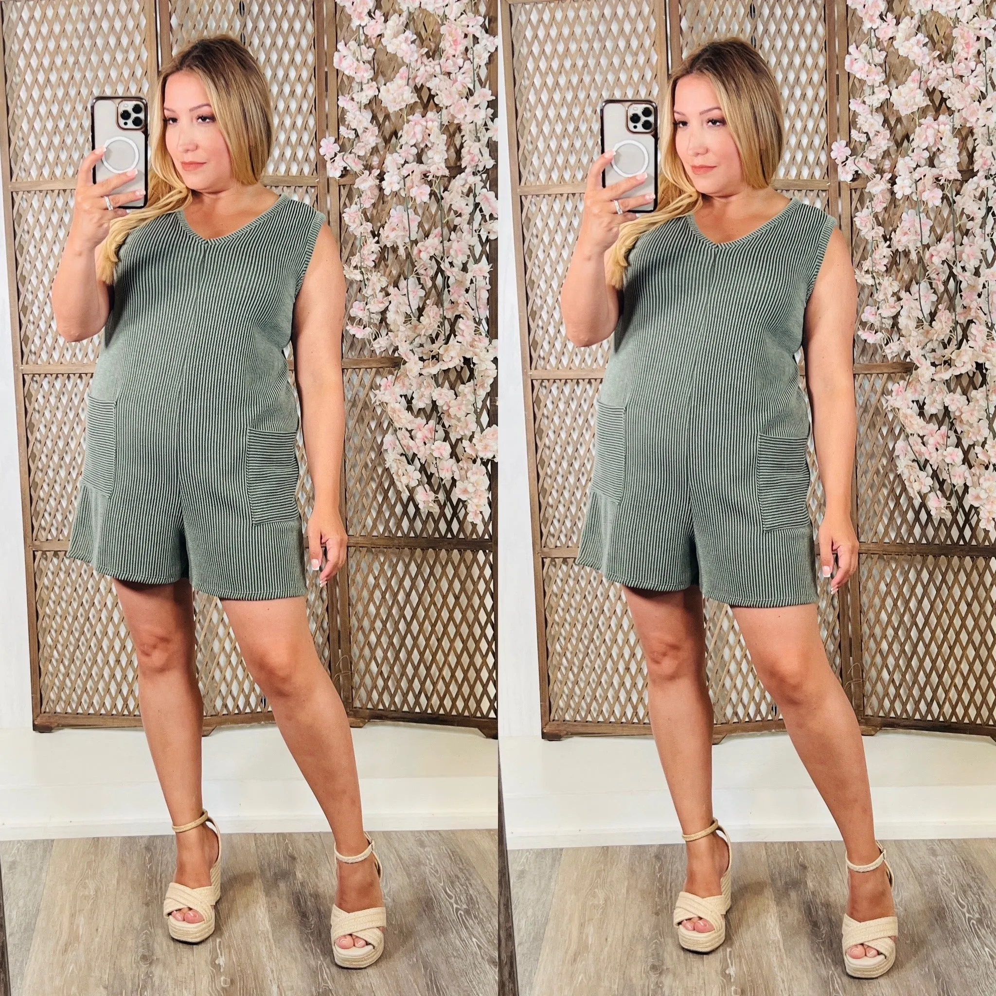 Soft Front Pocket Romper: Olive